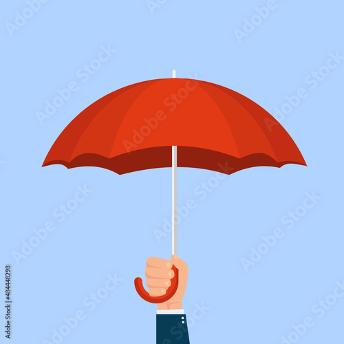 Hand holding umbrella isolated on white background. Security concept. Vector stock