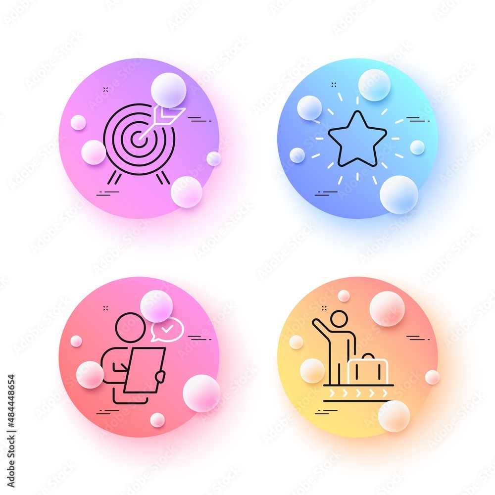 Customer survey, Luggage belt and Archery minimal line icons. 3d spheres or balls buttons. Rank star icons. For web, application, printing. Contract, Arrival baggage, Attraction park. Vector Customer survey, Luggage belt and Archery minimal line icons. 3d spheres or balls buttons. Rank star icons. For web, application, printing. Contract, Arrival baggage, Attraction park. Vector
