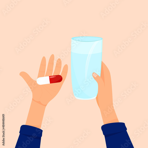 Hands holding a glass of water and a capsule. Tablets should be washed down with water. Vector illustration in a flat style. The concept of health and medicine
