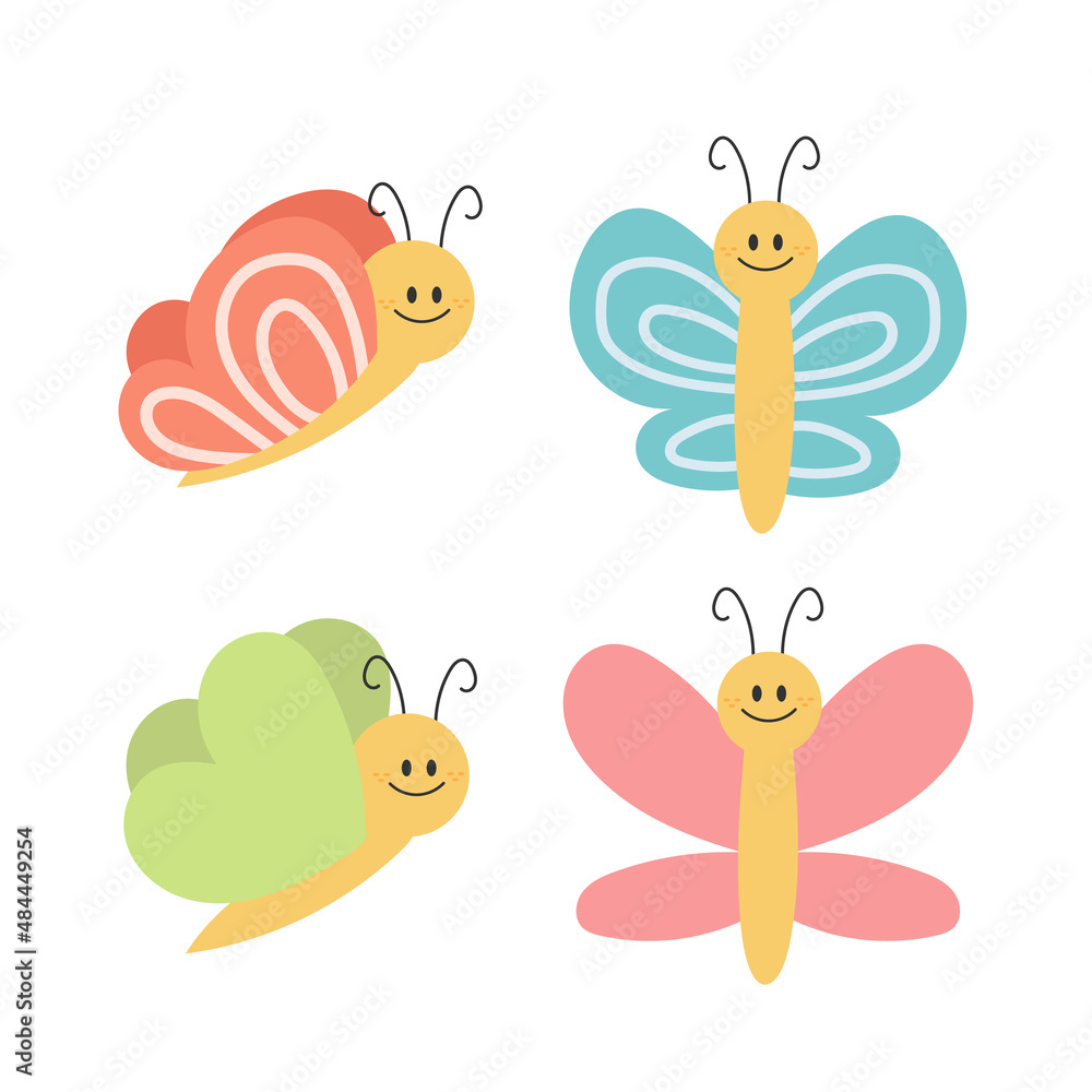 Cartoon butterfly. Cute smiling character for childish design. Flat vector illustration isolated on a white background. Hand drawn style Cartoon butterfly. Cute smiling character for childish design. Flat vector illustration isolated on a white background. Hand drawn style