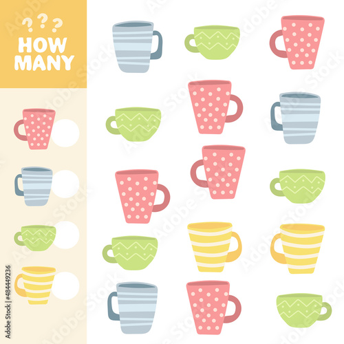 Counting game, how many Tea Cups. Educational children game, printable worksheet, vector illustration