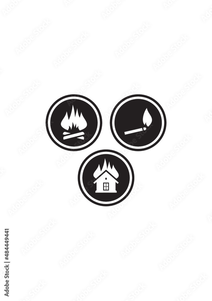 The roof is on fire. Fire safety vector icons. Campfire, house on fire, burning match The roof is on fire. Fire safety vector icons. Campfire, house on fire, burning match