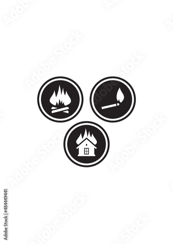The roof is on fire. Fire safety vector icons. Campfire, house on fire, burning match