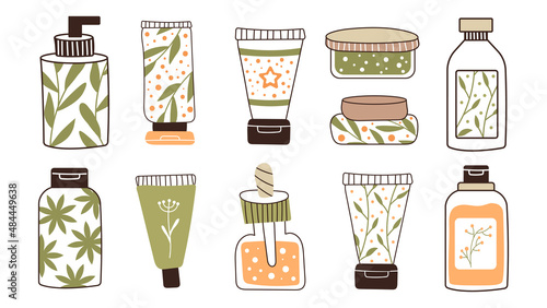 A set of bottles and tubes of cosmetics, jars for skin care with face, hair and body cream. Trendy style for postcard, banner, wrapping paper template. Vector illustration.