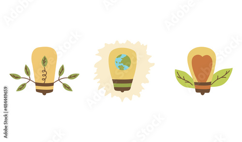 Set of light bulbs with red heart inside, leaves and planet. Earth Hour. Save planet. Colorful hand drawn vector isolated illustration. Energy saving