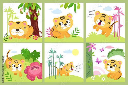 Set cute tiger cubs in nature. Animal in cartoon style for design. Collection of clip art color vector illustrations.