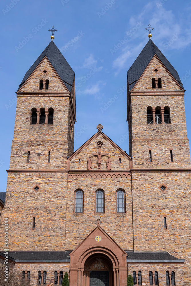 View of the front facade of the church in the Abbey of St. Hildegard near Rüdesheim am Rhein/Germany in the Rheinegau 