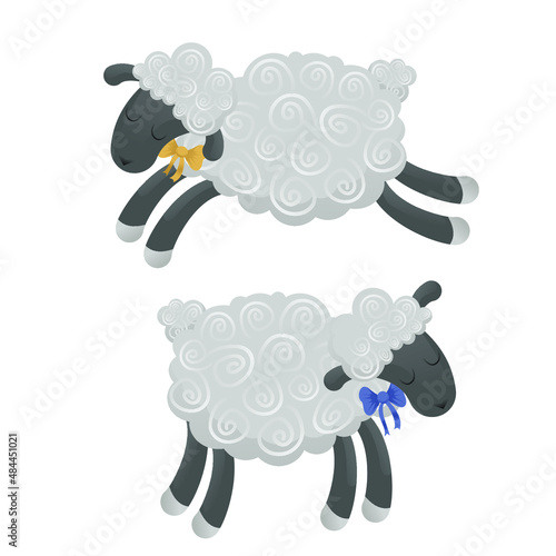 Curly sheep with bows. Cartoon characters.