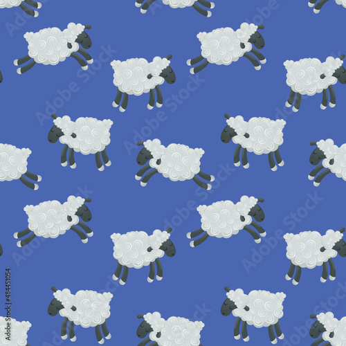 Pattern with sheep on a blue background. Children's design.