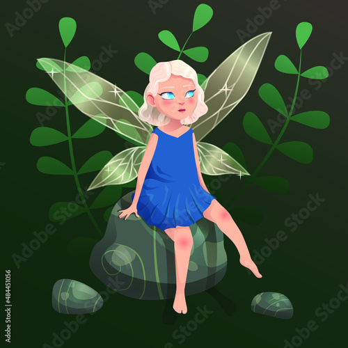 Illustration with a little fairy sitting on a stone. Cartoon character, transparent wings.