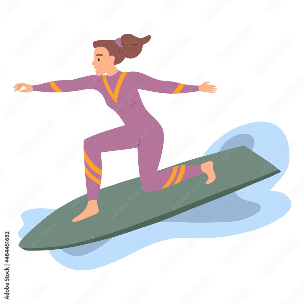 Smiling girl stands on the surf. Flat illustration isolated on white background 