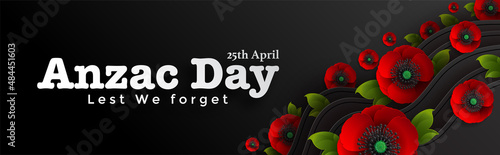 Anzac Day vector poster. Lest We forget. with nice red poppy flower on paper color background.