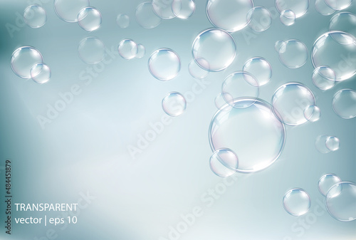 Flying transparent vector soap bubbles on abstract background. Colorful glass ball or sphere template