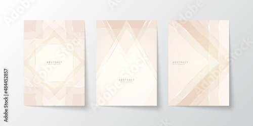 Vector abstract shiny luxury background in light soft nude colors with golden lines, glitter and glossy copy space. Premium multi-layered glass modern geometric template with place for text