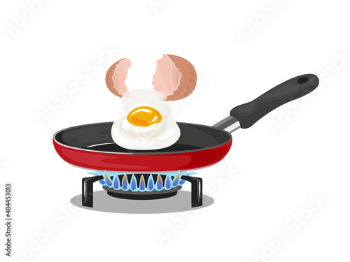 Cooking eggs. Breaking egg into pan. Vector illustration of cooking on gas stove. Cartoon flat style.