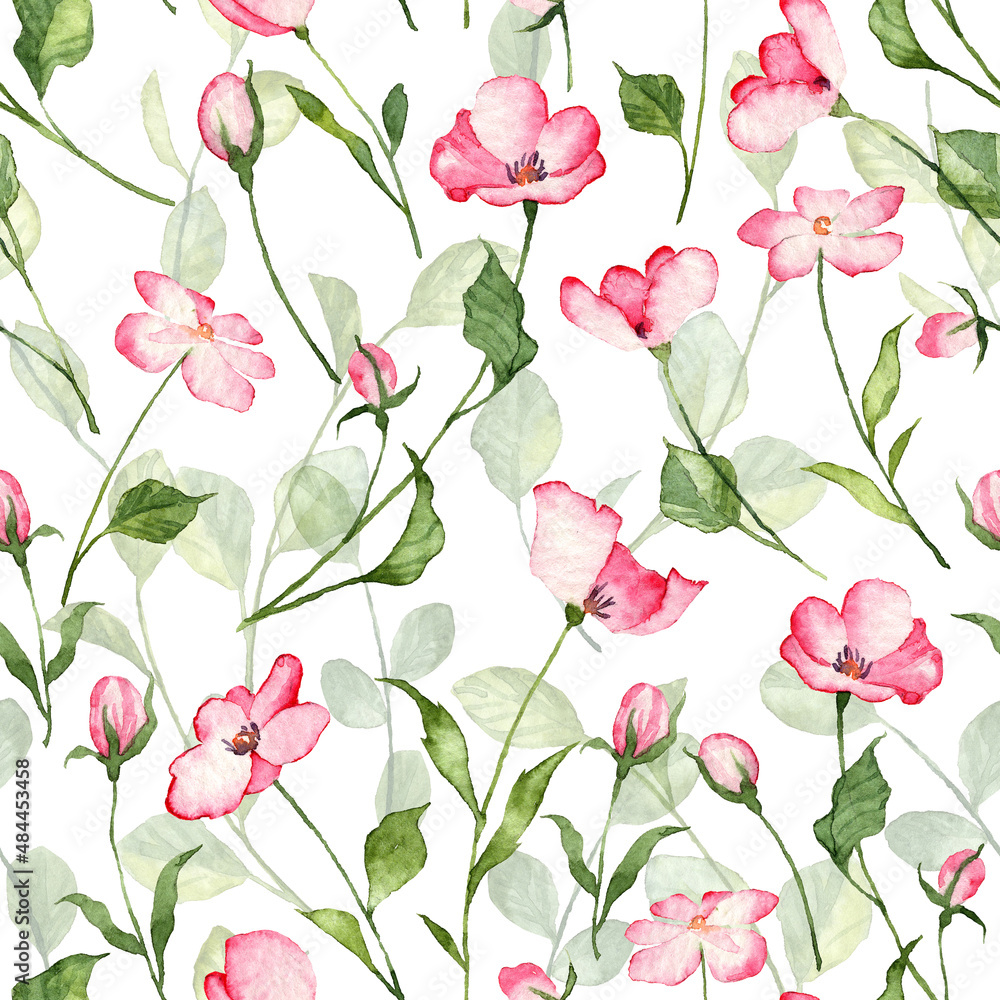 Square seamless floral pattern with watercolor pink flowers and green leaves. Wrapping paper and greeting card background
