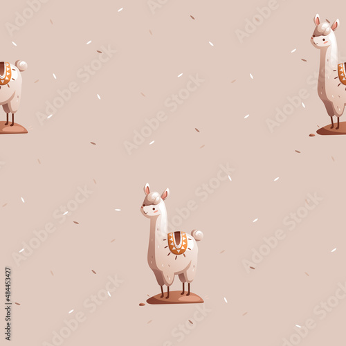 Seamless pattern of cute cartoon children's knitted toys llama, alpaca.