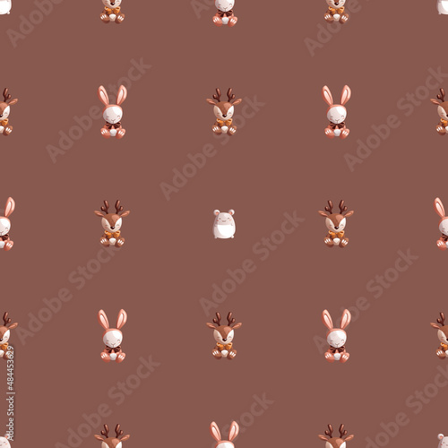 Seamless pattern of cute cartoon children's knitted toys deer, mouse, rat, rabbit.