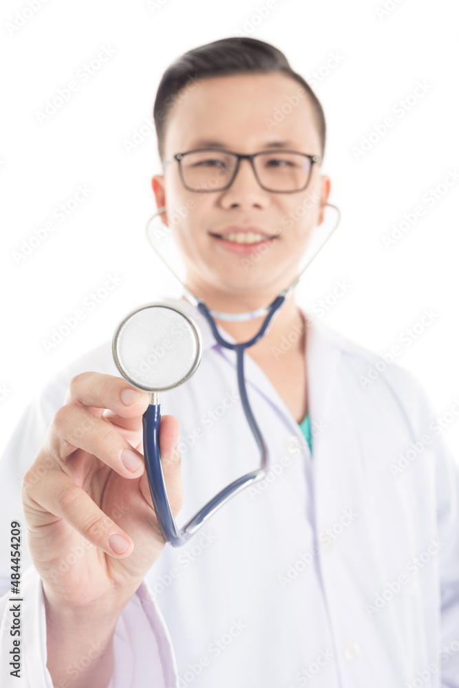 asian doctor holding stethoscope on white background, closeup stethoscope asian doctor holding stethoscope on white background, closeup stethoscope
