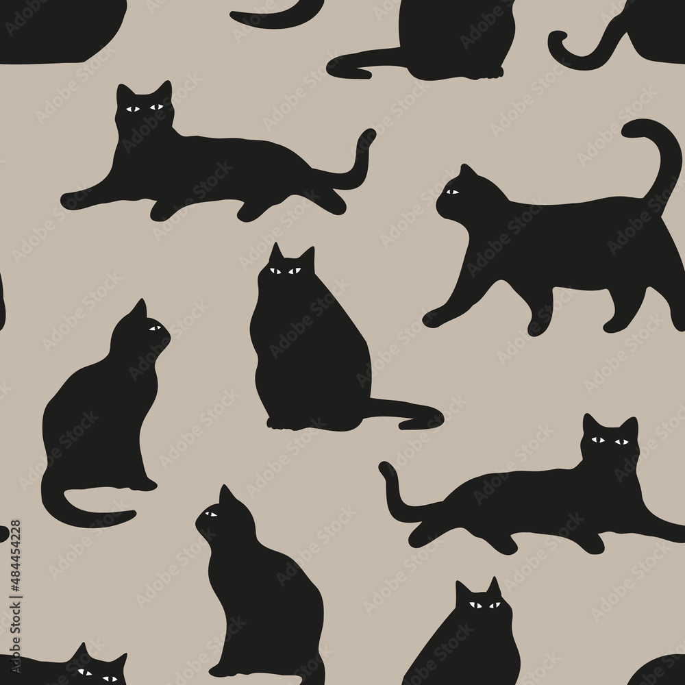 Vector beige and black cats texture seamless pattern background. Unique and funny. Perfect for fabric, wallpaper, scrapbooking and stationery. Surface pattern design.