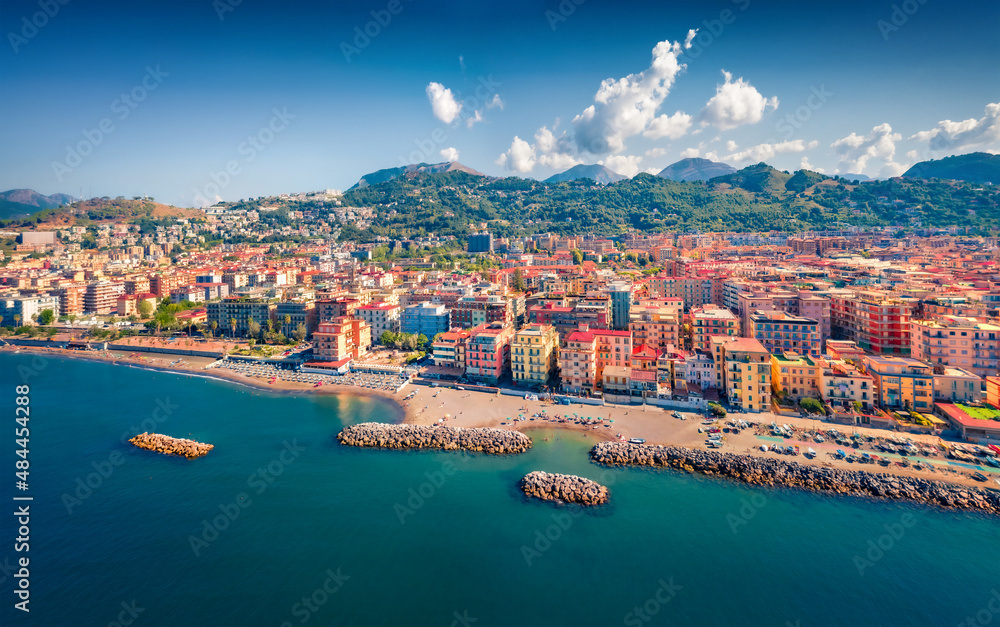 Exciting morning view from flying drone of Salerno city, Italy, Europe. Picturesque summer seascape of Mediterranean sea. Traveling concept background.