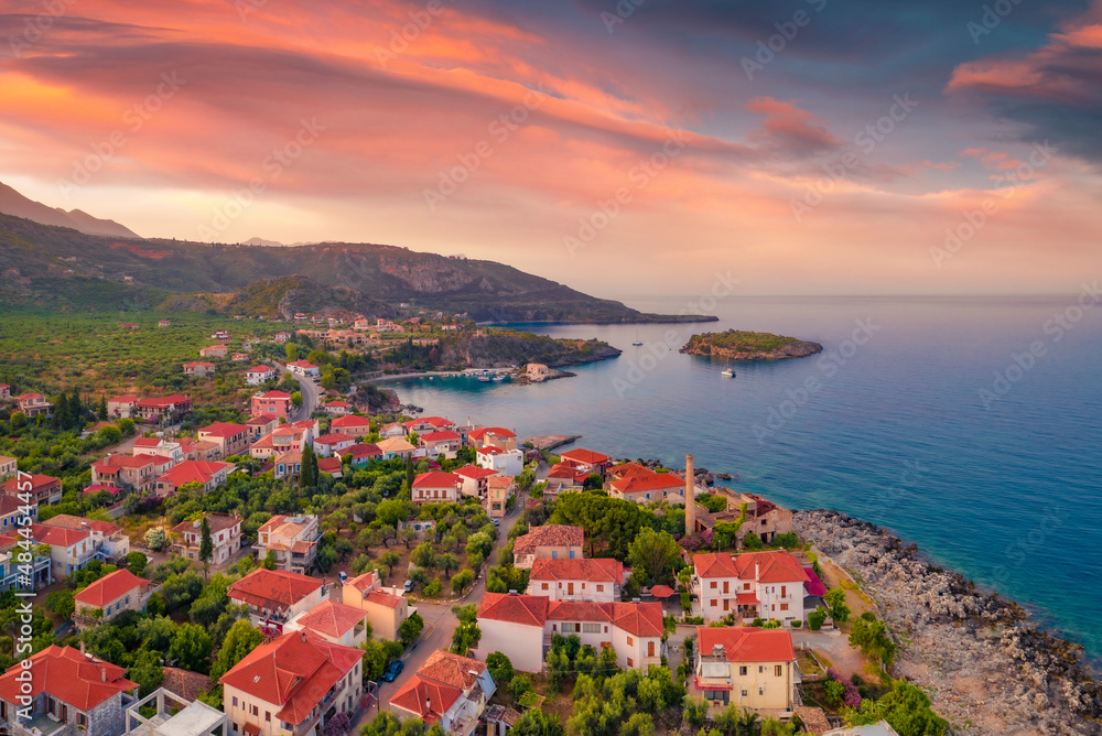 Exciting summer view from flying drone of Kardamili port. Captivating morning scene of Peloponnese peninsula, Greece, Europe. Picturesque morning seascape of Ionian sea.