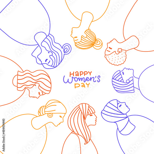 International Women's Day greeting card. Abstract different women portraits in one line style . Women empowerment. Vector linear doodle hand drawn illustration with lettering greeting text.
