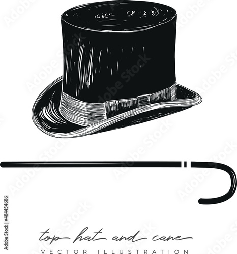 Vintage hand-drawn top hat and cane