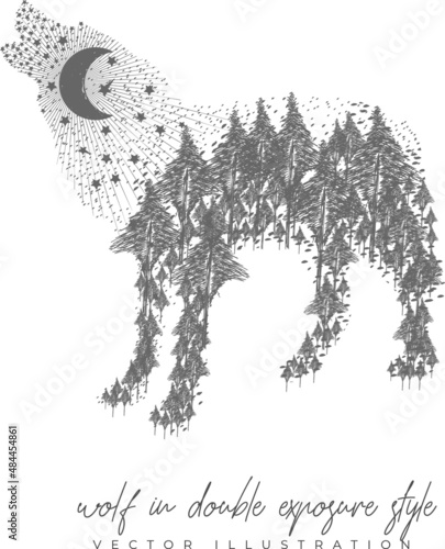 Wolf illustration in double exposure style with forest