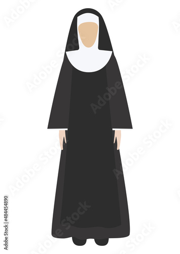 Nun in black Flat style. Vector illustration. Isolated on a white background