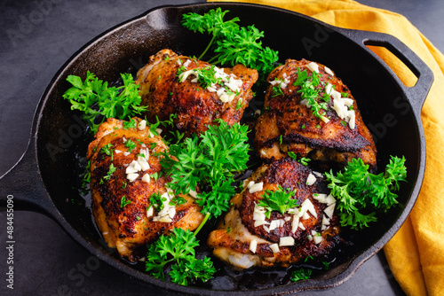 Roasted Olive Oil Chicken Thighs Mediterranean Style: Spice-rubbed chicken thighs that have been roasted in a cast-iron skillet