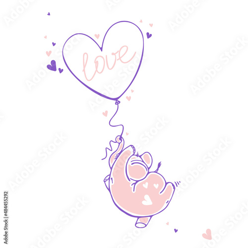 Vector image with a cute elephant with a heart shaped balloon. Can be used for print, holiday greeting and invitation card and postcards