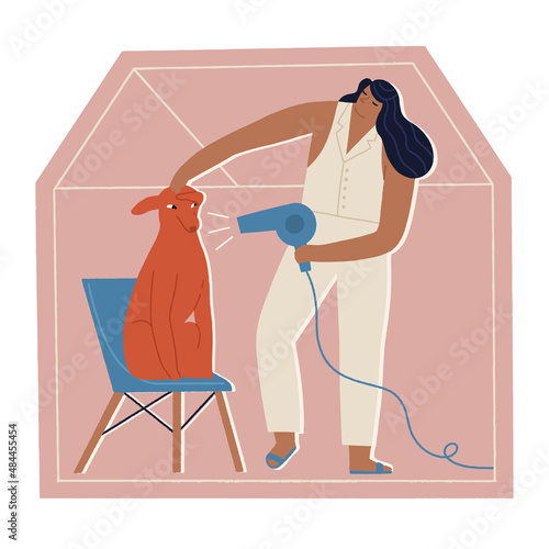 Women stay at home grooming the dog in period of self isolation and social distancing during covid virus epidemic. Vector illustration