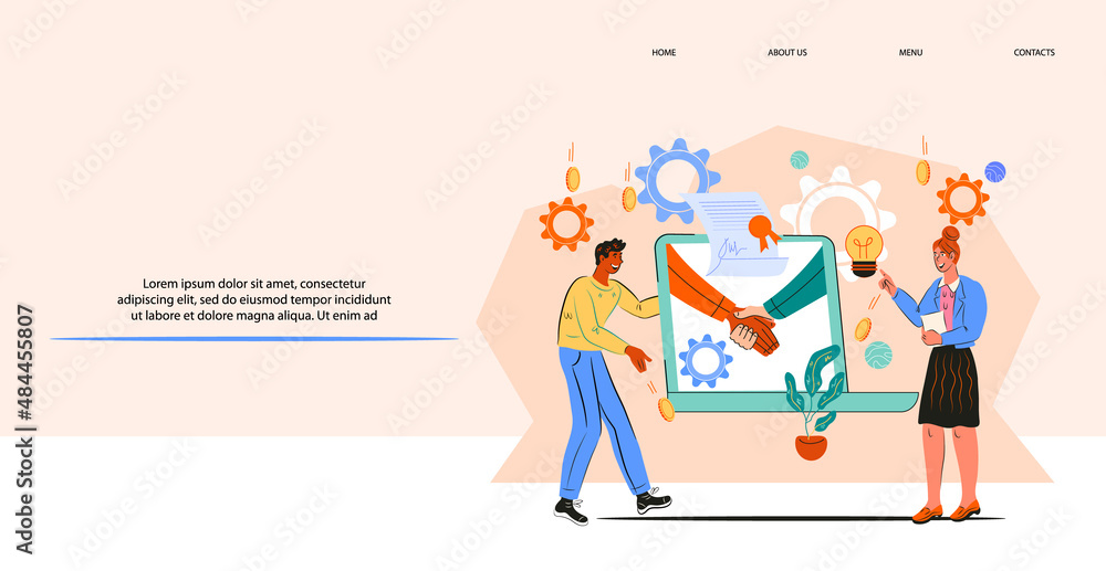 Online conclusion of the transaction, contract signing website banner. Startup support, collaboration  business handshake,  vector illustration in flat style.