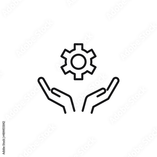 Charity and philanthropy concept. Hight quality sign drawn with thin line. Suitable for web sites, stores, internet shops, banners etc. Line icon of gear over opened hands