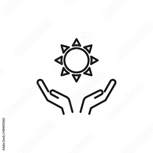 Charity and philanthropy concept. Hight quality sign drawn with thin line. Suitable for web sites, stores, internet shops, banners etc. Line icon of sun above opened hands