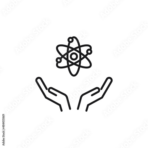 Charity and philanthropy concept. Hight quality sign drawn with thin line. Suitable for web sites, stores, internet shops, banners etc. Line icon of chemical compound over opened hands
