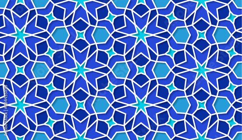 Arabic seamless girih pattern with classic islamic culture ornament. Colorful tiled background with shadow.