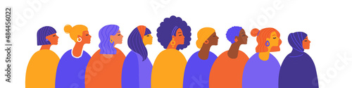 Female diverse faces, different ethnicity and hairstyle. Woman empowerment movement. Girl power. Happy International Women's day. Vector flat illustration, banner or poster.