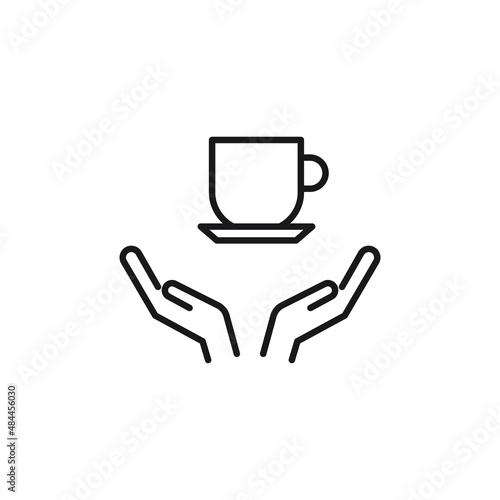 Charity and philanthropy concept. Hight quality sign drawn with thin line. Suitable for web sites, stores, internet shops, banners etc. Line icon of cup for tea or coffee over opened hands