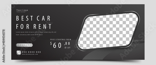 Modern horizontal banner design template for car rental promotion. Black background with place for the photo. Usable for banner, cover, and background.