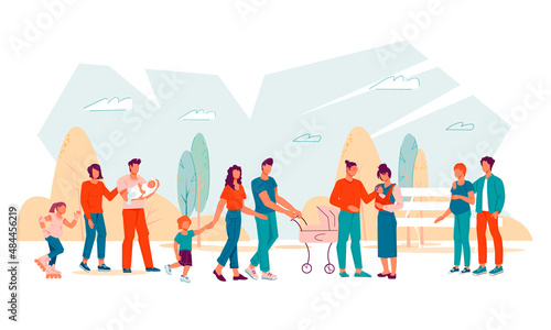 Family couples with children walking in city park together, flat vector illustration. Park in town with people - parents and children walk. Family weekend spare time and joint rest.