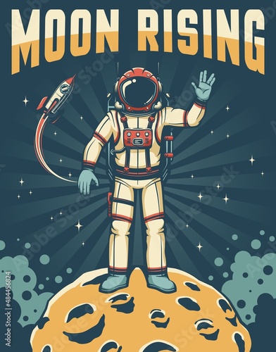 Astronaut on the Moon - sky-fi retro poster. Spaceman in spacesuit on planet with craters shows Vulcan salute gesture. Vector illustration in vintage style.