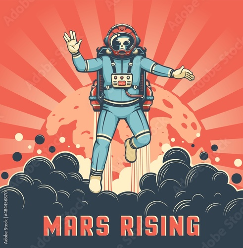Martian astronaut with jetpack takes off against the background of Mars. Alien in space suit retro poster. Vector vintage illustration.