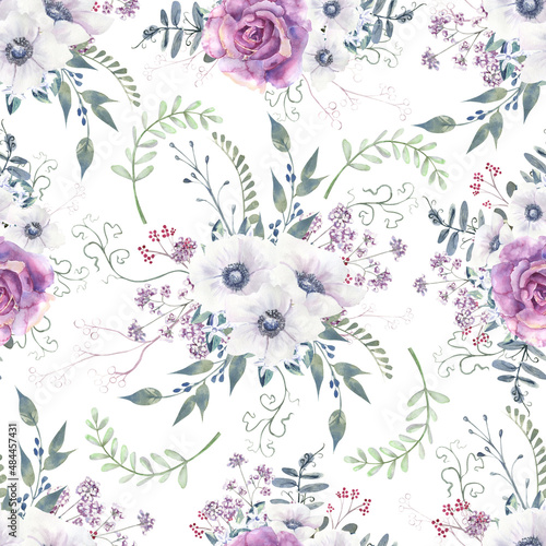 Seamless patterns with purple roses and anemones on a white isolated background. Hand-drawn watercolor illustration