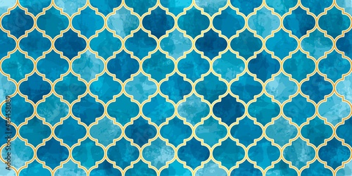 Moroccan Seamless Pattern. Turkish Mosque Window Shape. Arabic Mosaic Watercolor Ornament Background. Eid Mubarak Muslim Decoration. Ramadan Kareem Islamic Illustration