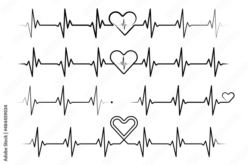 Heart cardiogram set, black EKG, ECG heartbeat line vector design to use in healthcare, healthy lifestyle, medical care, cardiology project. Creative healthy lifestyle design set with hearts.
