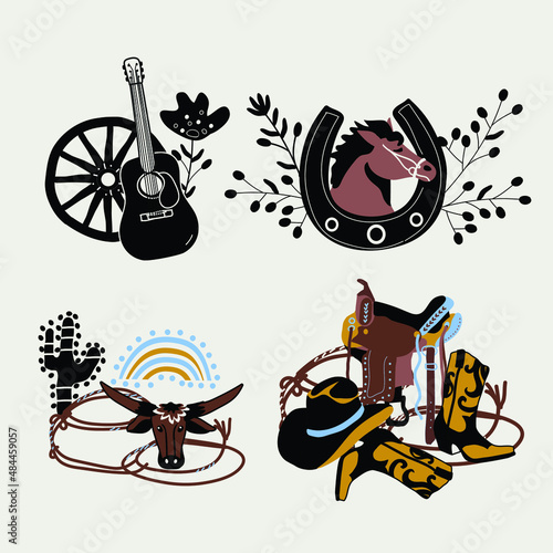 country set with guitar, horse and cowboy equipment