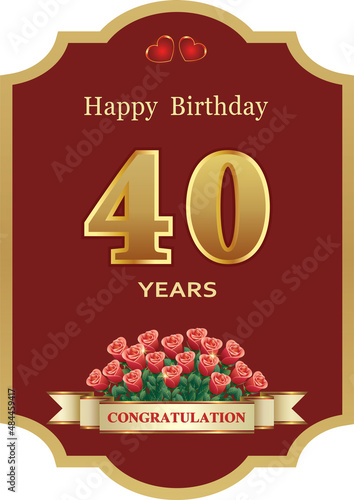 Anniversary 40 years  happy birthday card with bouquet of roses and hearts. Golden jubilee numbers on red background in figured frame. Vector illustration