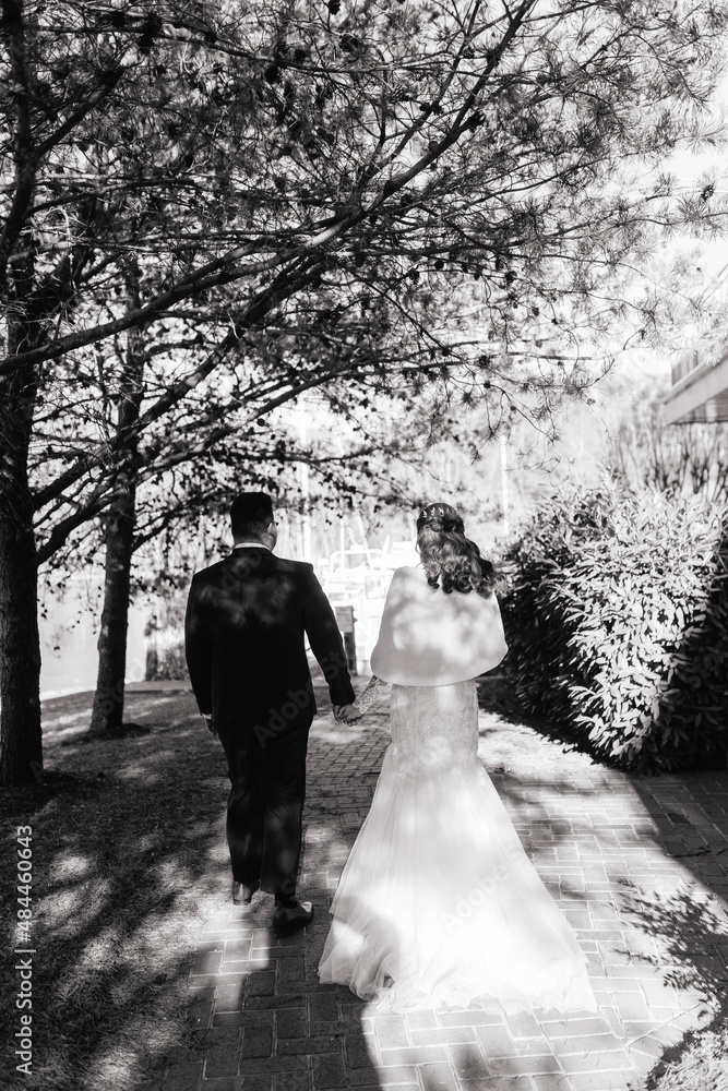 Newlyweds walking through the forest with their backs to the camera Bride in white dress and groom in a black suit walk along the road between the trees Back view Black and white photo Newlyweds walking through the forest with their backs to the camera Bride in white dress and groom in a black suit walk along the road between the trees Back view Black and white photo